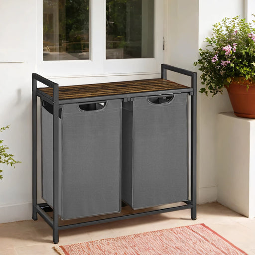 Double Laundry Basket with 2 Removable Bags, Shelf, and Steel Frame for Sorting Clothes by Vasagle