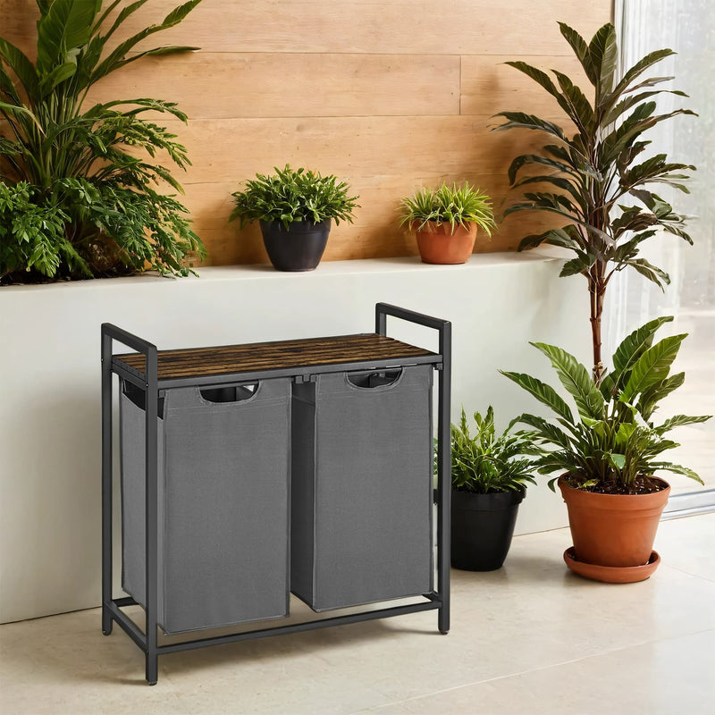 Double Laundry Basket with 2 Removable Bags, Shelf, and Steel Frame for Sorting Clothes by Vasagle