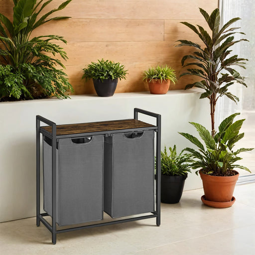 Double Laundry Basket with 2 Removable Bags, Shelf, and Steel Frame for Sorting Clothes by Vasagle