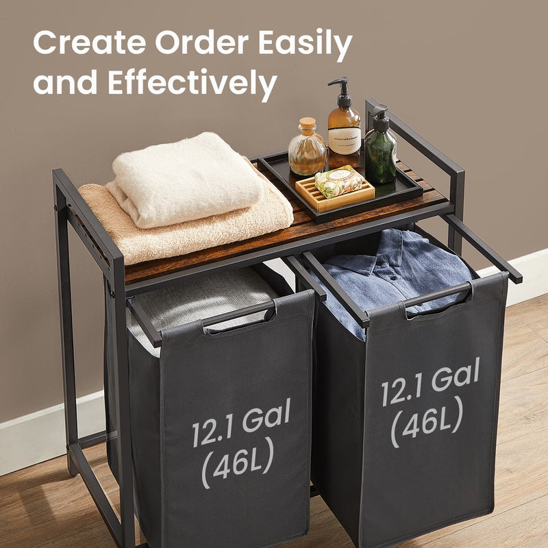 Double Laundry Basket with 2 Removable Bags, Shelf, and Steel Frame for Sorting Clothes by Vasagle