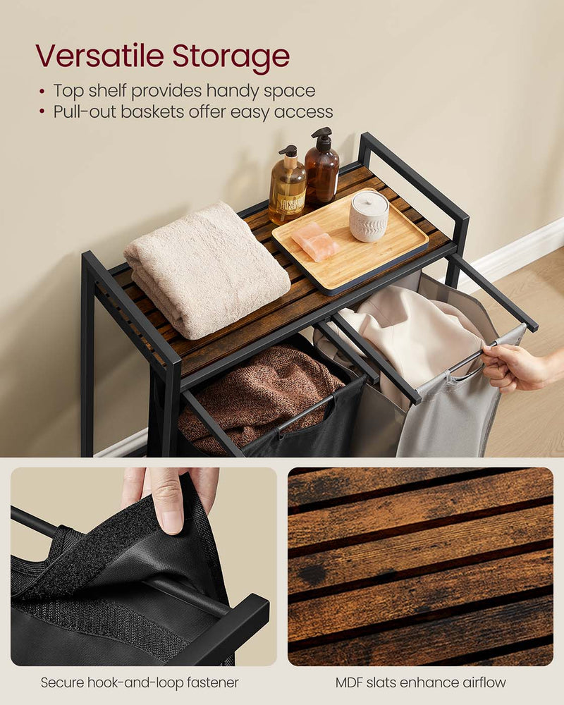 Double Laundry Sorter in Black Grey and Rustic Brown with Handles by Vasagle