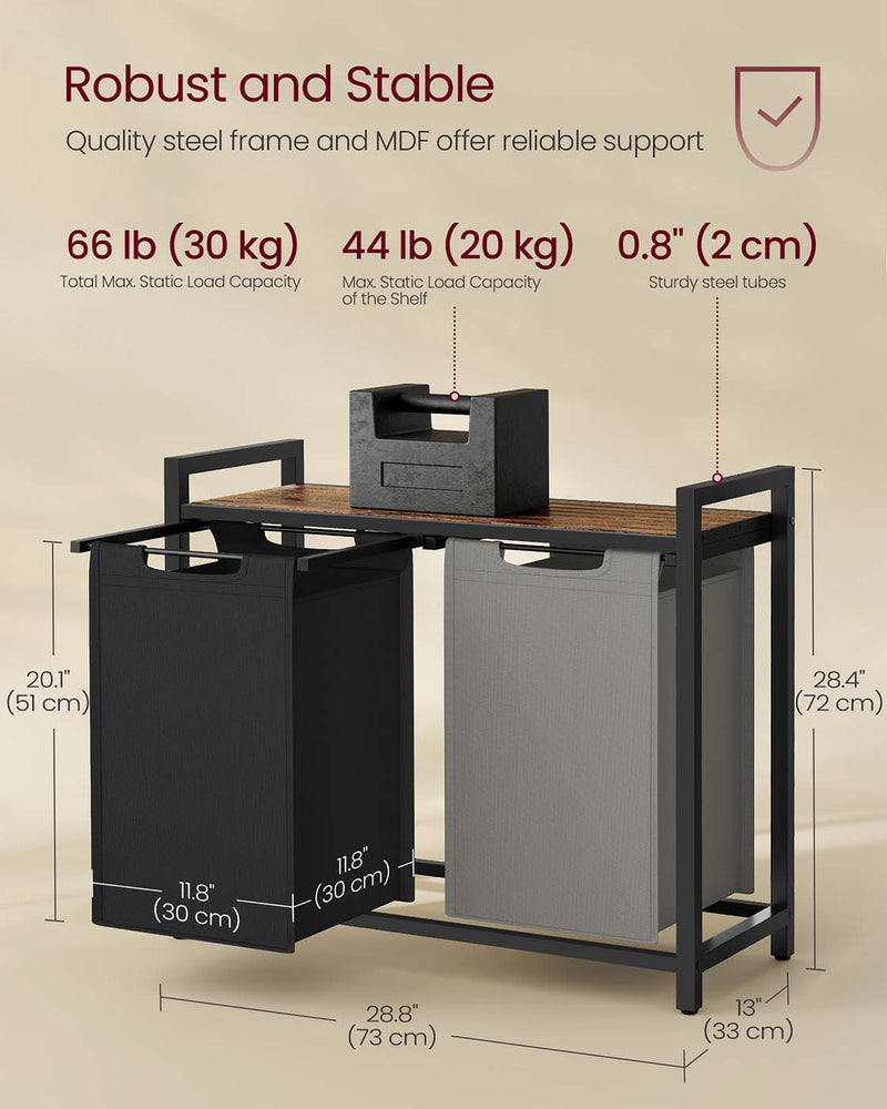 Double Laundry Sorter in Black Grey and Rustic Brown with Handles by Vasagle