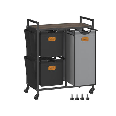 100L Laundry Hamper with 3 Compartments in Chestnut Brown Black and Grey by Vasagle