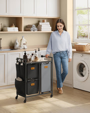 100L Laundry Hamper with 3 Compartments in Chestnut Brown Black and Grey by Vasagle