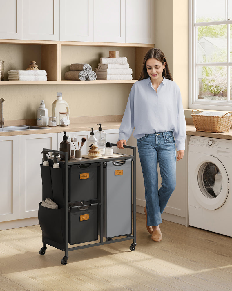 100L Laundry Hamper with 3 Compartments in Chestnut Brown Black and Grey by Vasagle