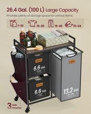 100L Laundry Hamper with 3 Compartments in Chestnut Brown Black and Grey by Vasagle