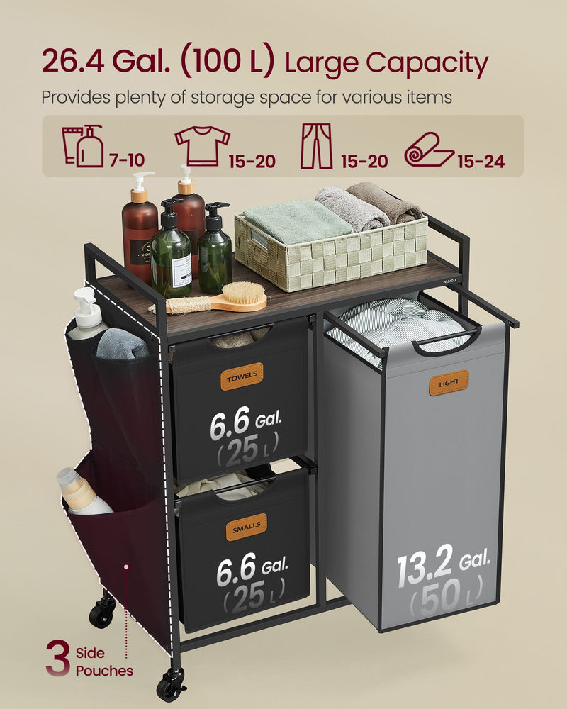 100L Laundry Hamper with 3 Compartments in Chestnut Brown Black and Grey by Vasagle