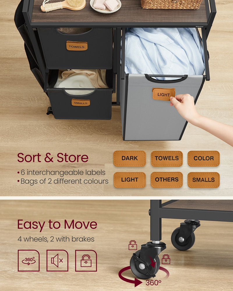 100L Laundry Hamper with 3 Compartments in Chestnut Brown Black and Grey by Vasagle