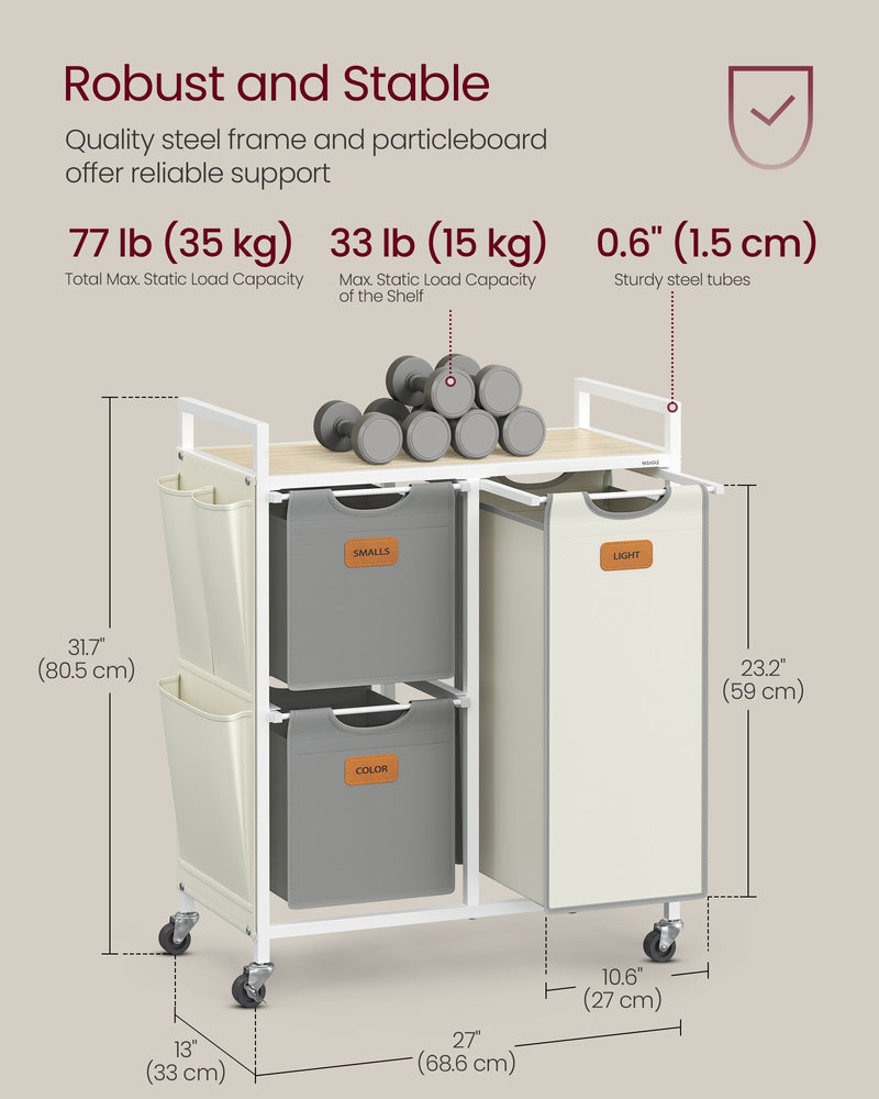 100L Laundry Hamper with 3 Compartments in Beige Grey and White for Sorting Clothes by Vasagle