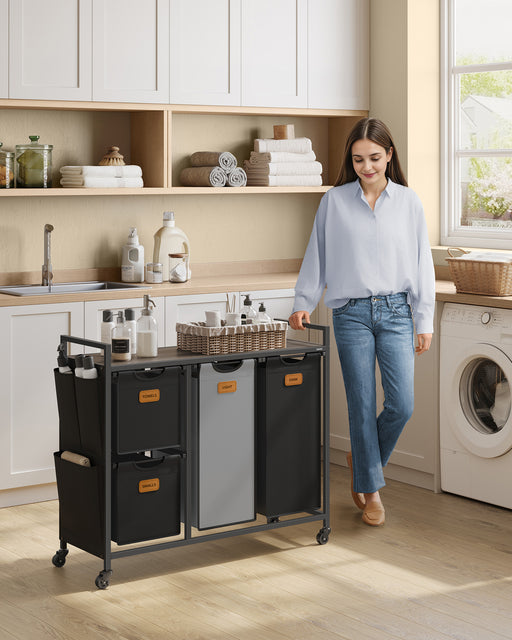 Large 150L Laundry Hamper with 4 Sorting Compartments in Brown Black and Grey by Vasagle