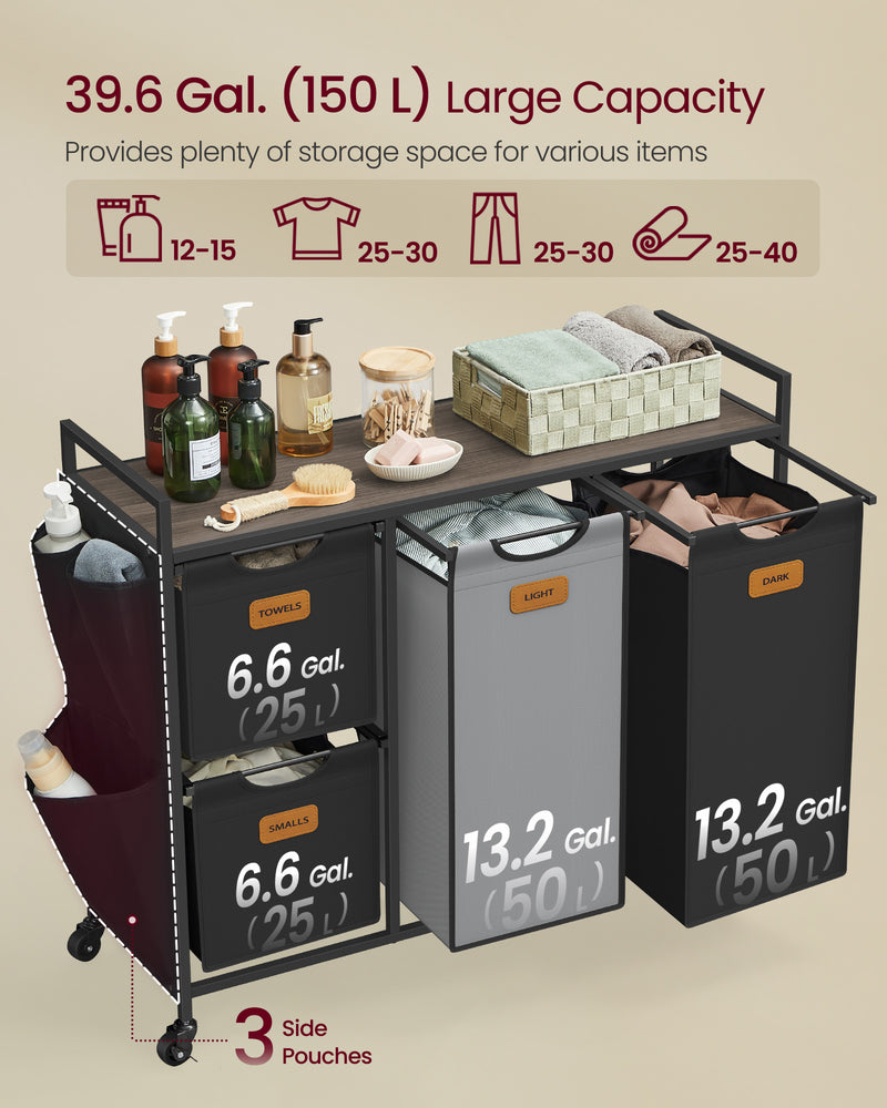 Large 150L Laundry Hamper with 4 Sorting Compartments in Brown Black and Grey by Vasagle