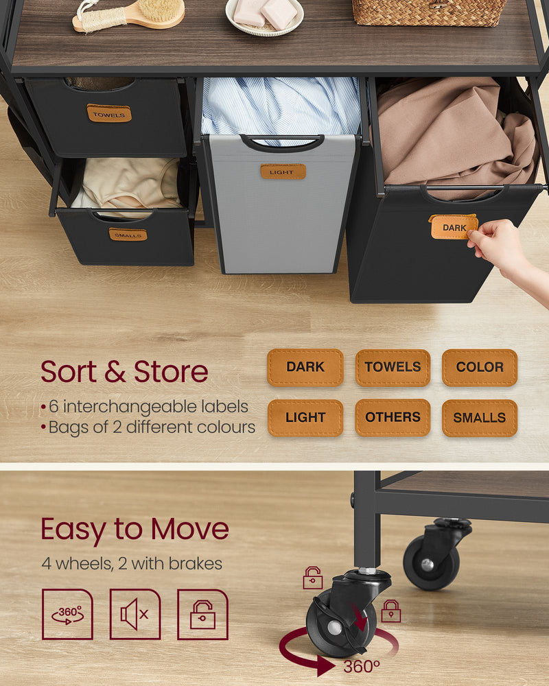 Large 150L Laundry Hamper with 4 Sorting Compartments in Brown Black and Grey by Vasagle