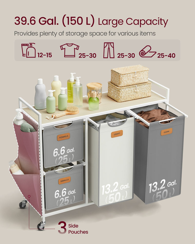 150L Laundry Hamper with 4 Sorting Compartments in Dove Grey and Cream White by Vasagle