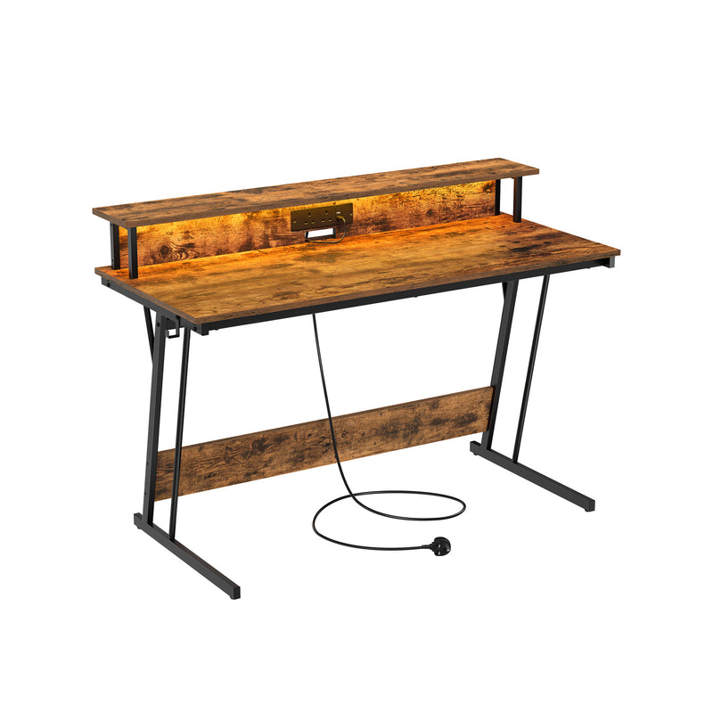 Rustic Brown Gaming Desk with LED Lights USB Ports and Power Outlets for Gamers by Vasagle