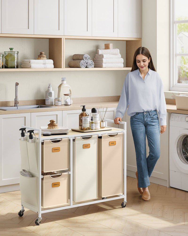 4 Bag Laundry Hamper in Beige Camel Brown and Cream with Removable Bags by Vasagle