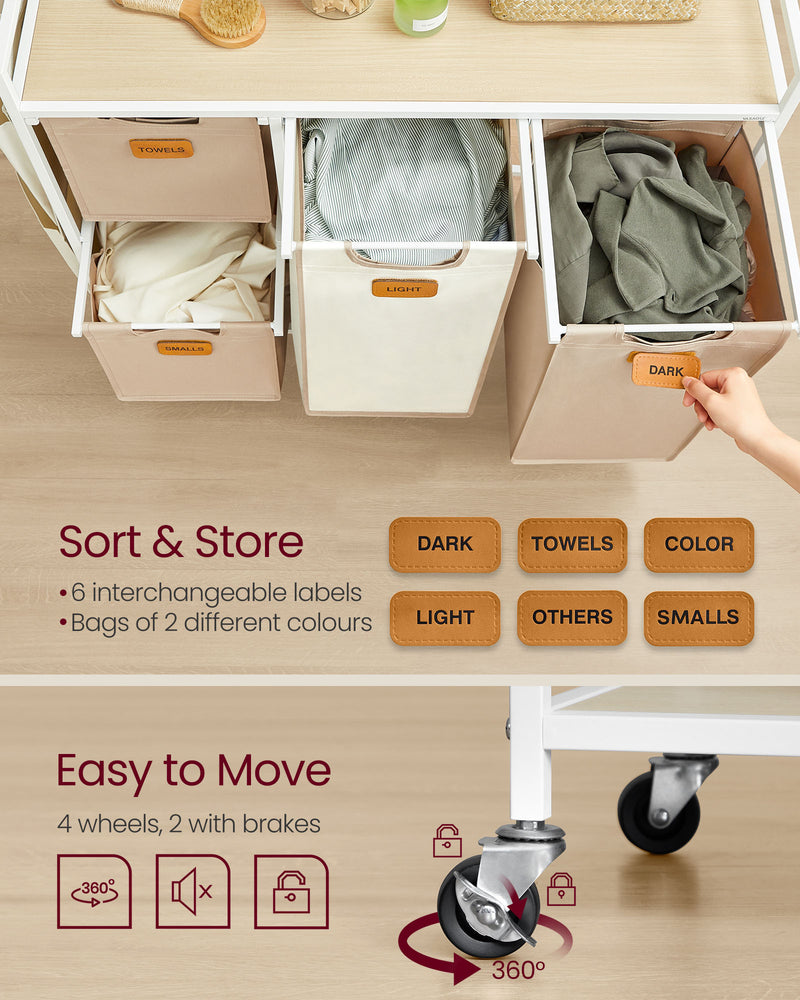 4 Bag Laundry Hamper in Beige Camel Brown and Cream with Removable Bags by Vasagle