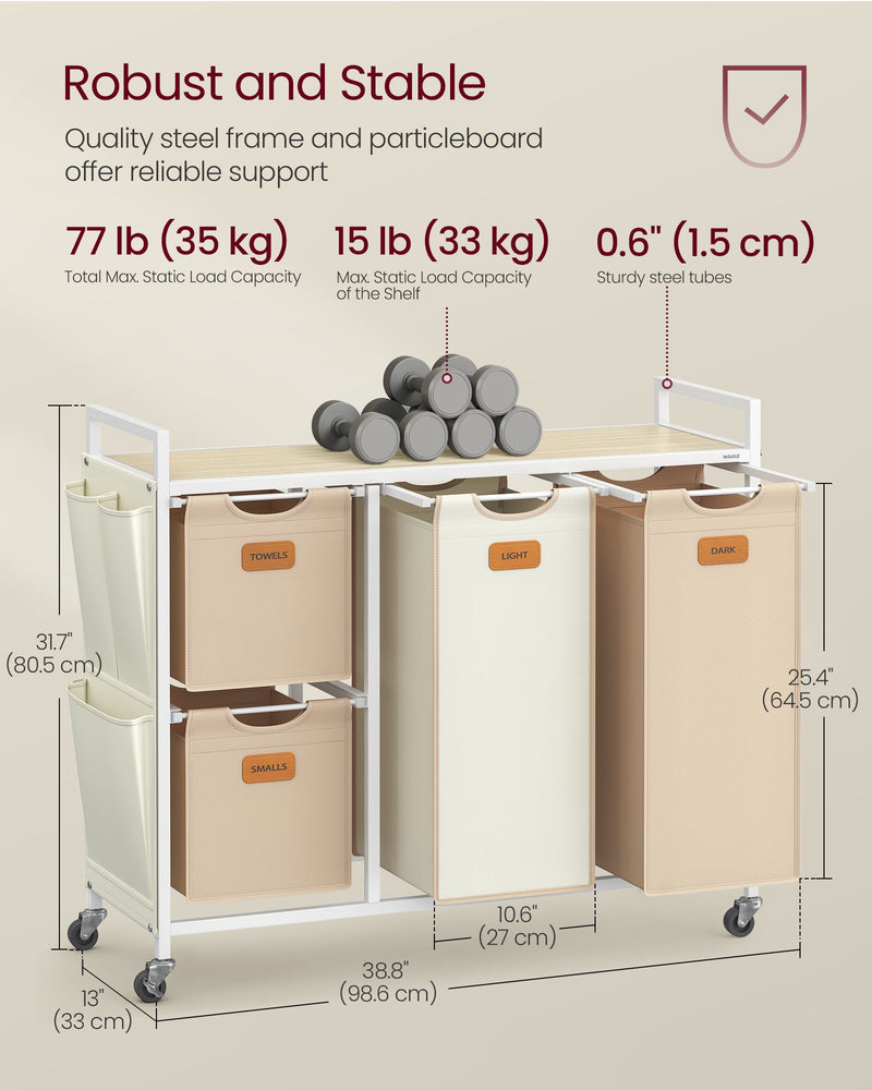 4 Bag Laundry Hamper in Beige Camel Brown and Cream with Removable Bags by Vasagle