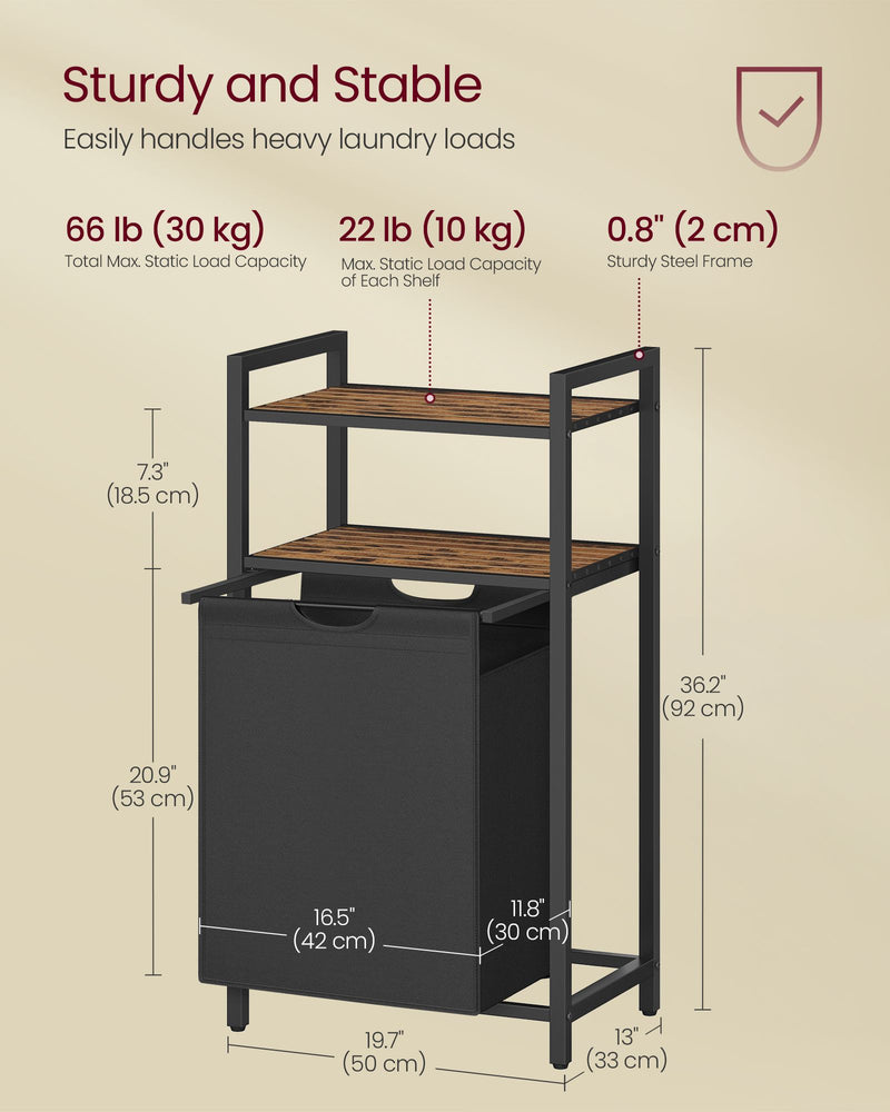 Rustic Brown and Black Laundry Basket 65L with Handles and Sturdy Frame by Vasagle