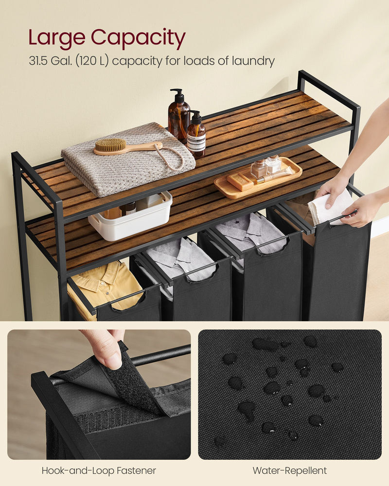 Laundry Sorter with 4 Removable Bags Rustic Brown and Black Rolling Hamper by Vasagle