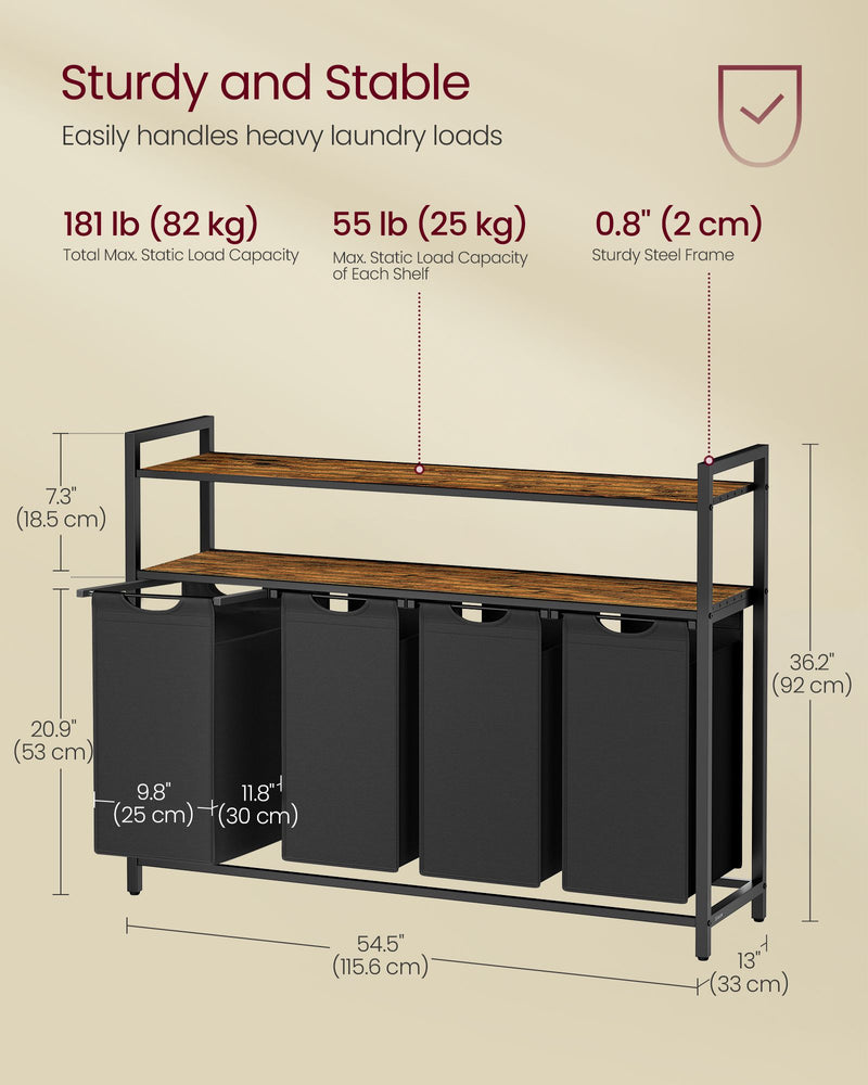 Laundry Sorter with 4 Removable Bags Rustic Brown and Black Rolling Hamper by Vasagle