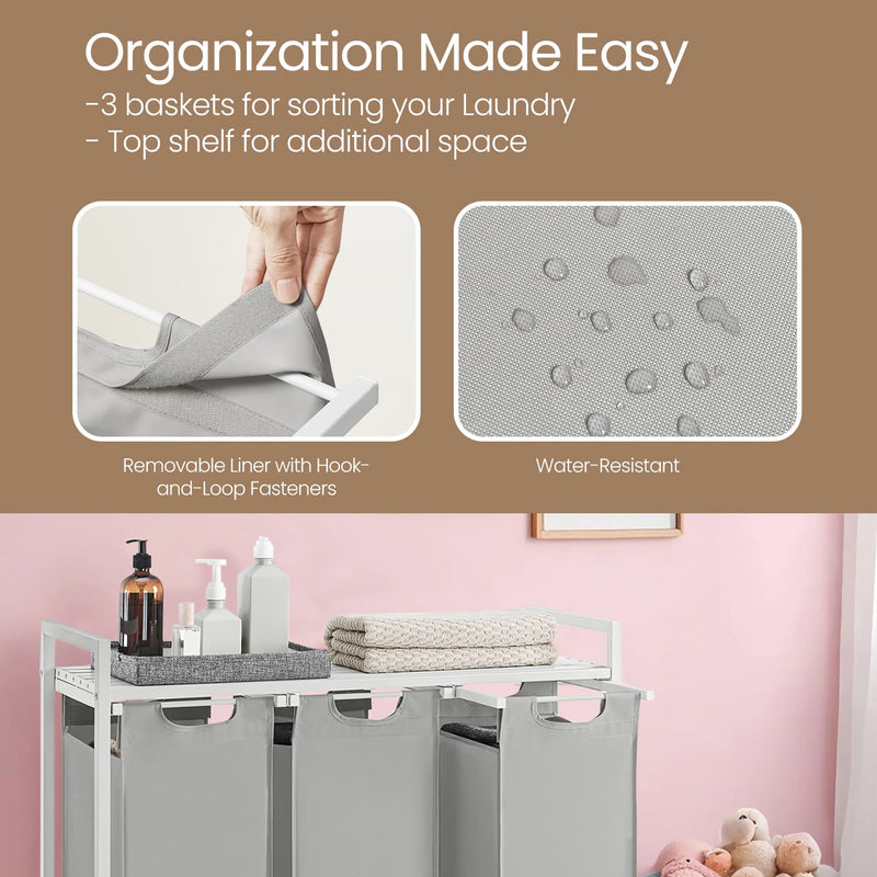 3 Compartment Laundry Hamper with Removable Pull Out Liners for Easy Sorting by Vasagle