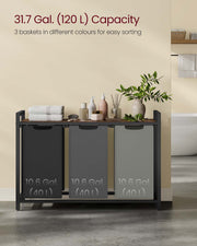3 Compartment Laundry Hamper with Removable Liners in Black Grey and White by Vasagle