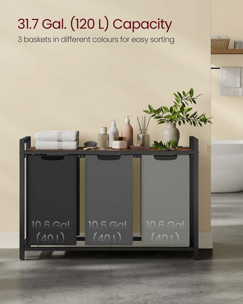 3 Compartment Laundry Hamper with Removable Liners in Black Grey and White by Vasagle