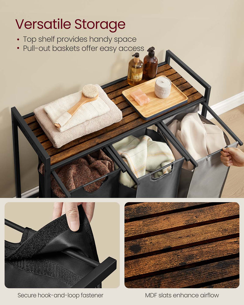 3 Compartment Laundry Hamper with Removable Liners in Black Grey and White by Vasagle