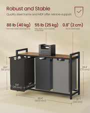 3 Compartment Laundry Hamper with Removable Liners in Black Grey and White by Vasagle