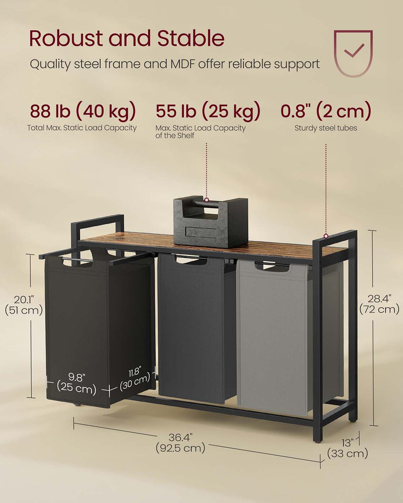 3 Compartment Laundry Hamper with Removable Liners in Black Grey and White by Vasagle