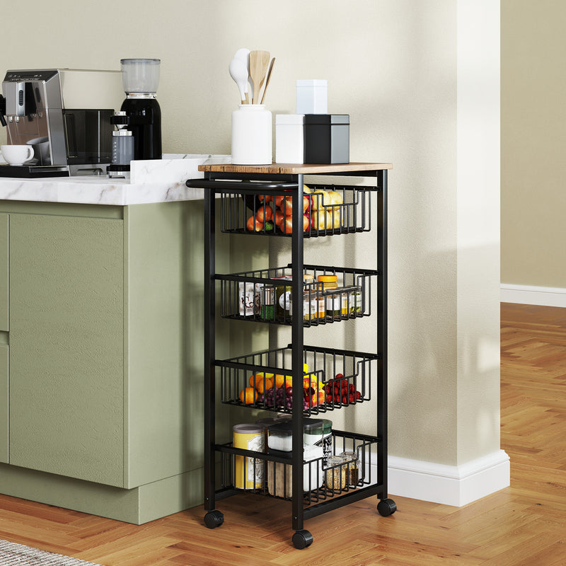 Kitchen Storage Trolley with 4 Mesh Baskets and Wood Effect Top for Extra Worktop Space Oak Black