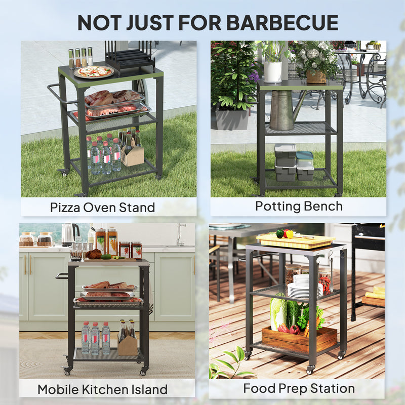 Three-Shelf Outdoor Grill Cart with Stainless Steel Top and Wheels for Kitchen and Garden by Outsunny