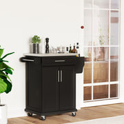 Black Wooden Kitchen Island Trolley With Stainless Steel Top And Storage Drawer On Wheels