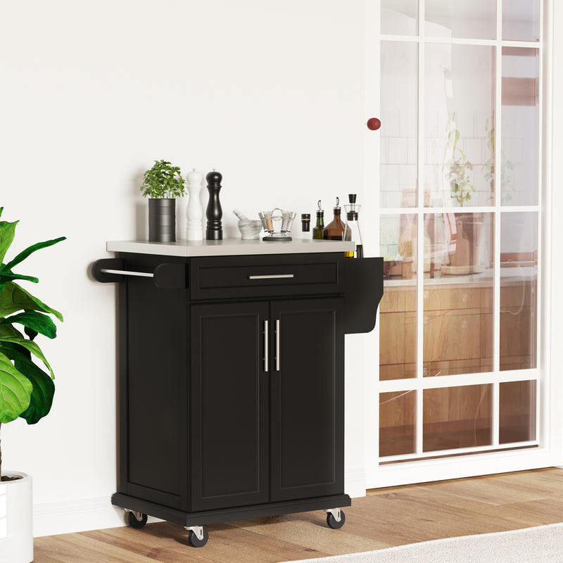 Black Wooden Kitchen Island Trolley With Stainless Steel Top And Storage Drawer On Wheels