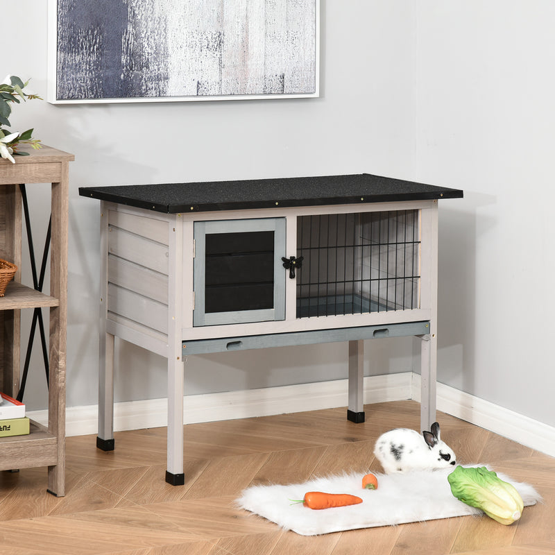 Elevated Wooden Guinea Pig Hutch with Removable Tray and Weatherproof Roof Outdoor Grey AOSOM
