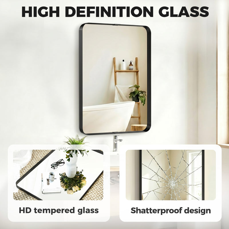 Wall Mirror with Shatter Resistant Tempered Glass and Rounded Corners for Safe Homes Black Homcom