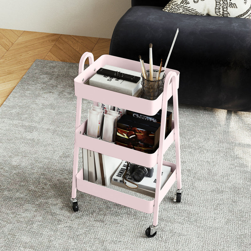 Pink Three Tier Rolling Storage Trolley with Wheels for Home or Office Use