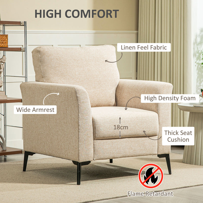 Beige Linen Look Armchair with Padded Seat and Wooden Legs by HOMCOM