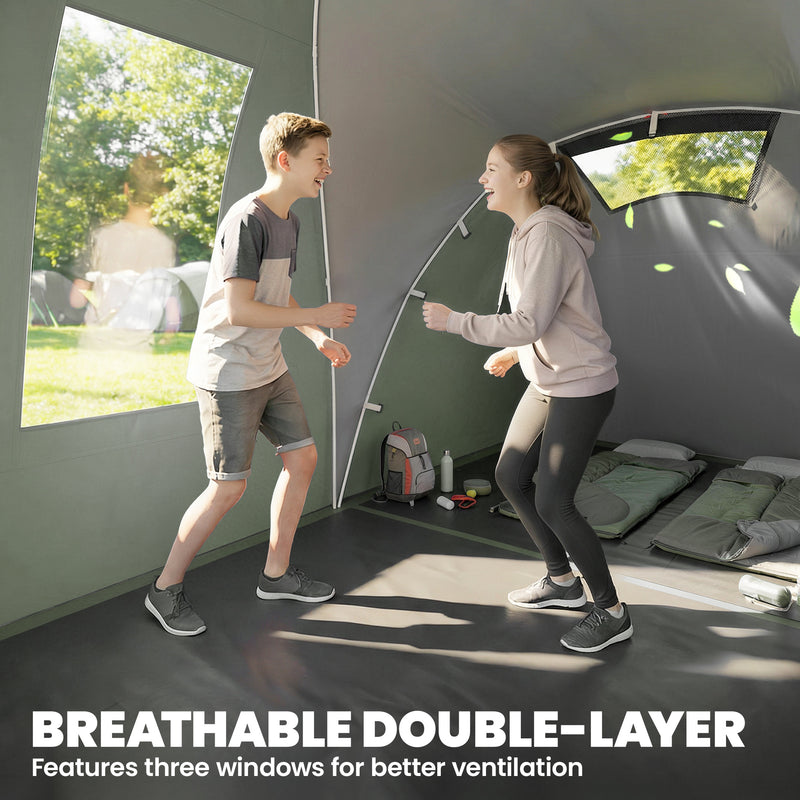 4-6 Person Waterproof Tunnel Camping Tent With 2 Bedrooms, Living Room & Porch, Green