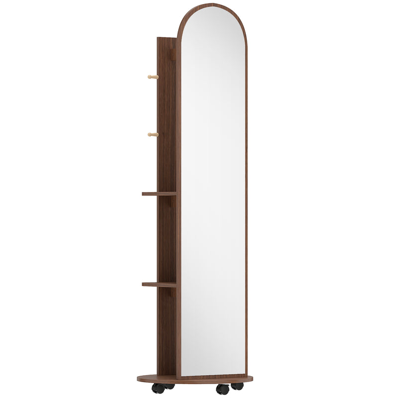 Full Length Mirror with Shelves and Hooks for Bedroom Storage on Wheels Brown Wood Effect Homcom