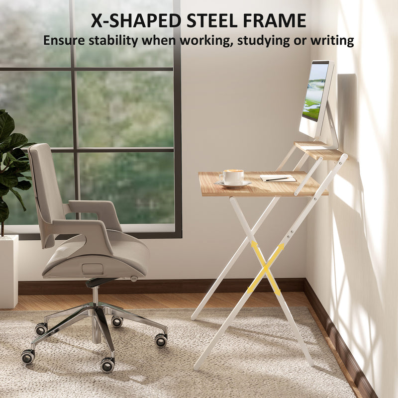 Natural Wood Folding Computer Desk with Monitor Shelf 70 cm Space Saving Design by Homcom