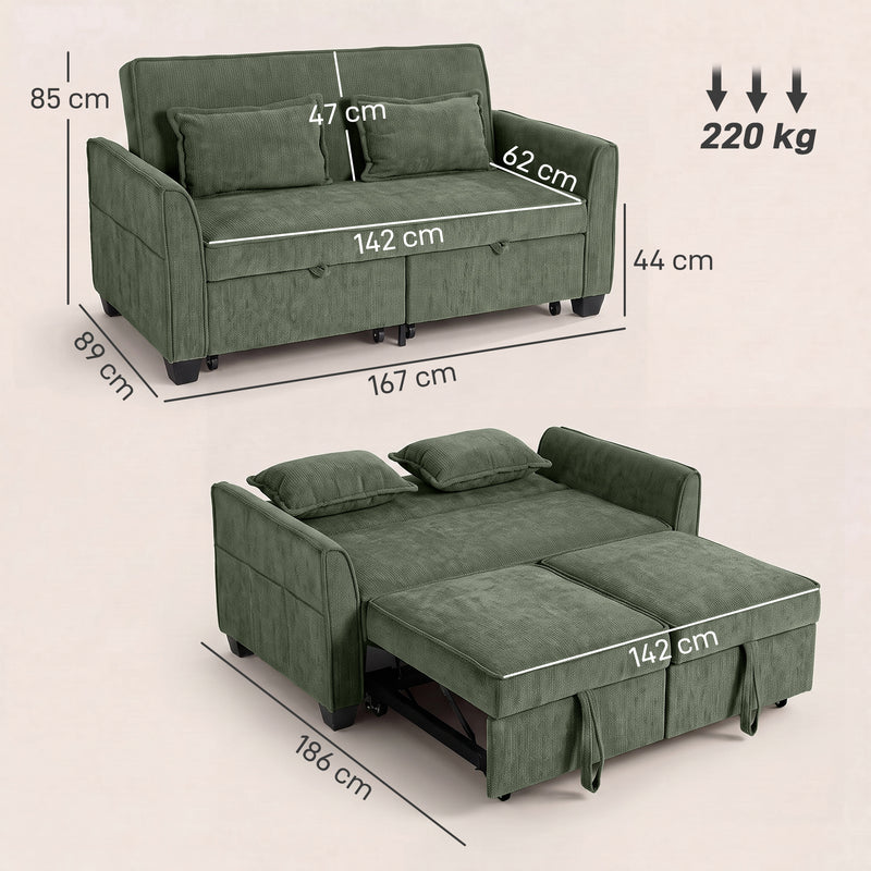 Sofa Bed for Small Spaces with Dual Pull Out Beds and Storage Pockets Dark Green