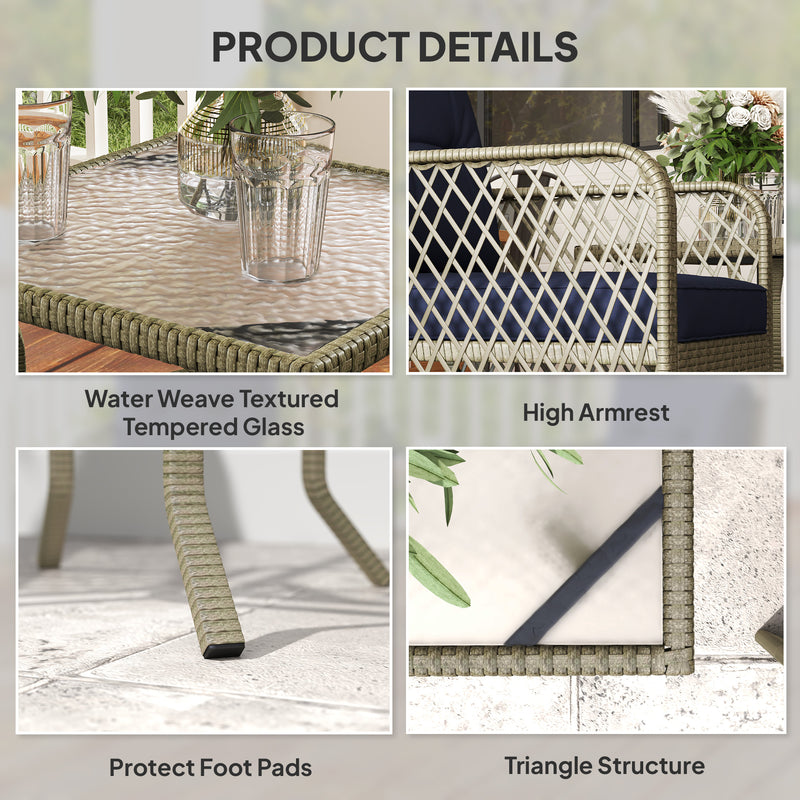 Charcoal Grey 3 Piece Rattan Bistro Set with Blue Cushions and Glass Table for Garden by Outsunny