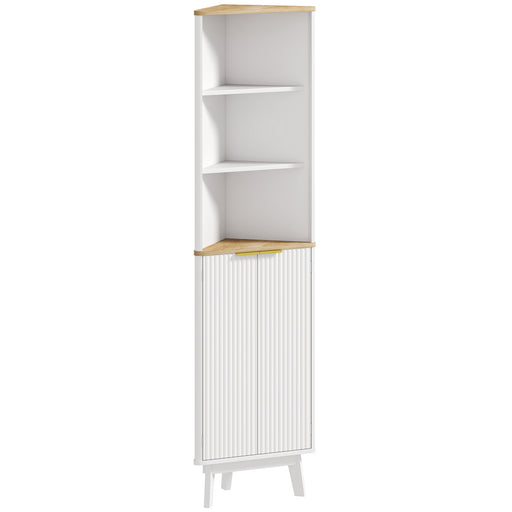 White Tall Slim Corner Bathroom Storage Cabinet with Adjustable Shelves and Doors