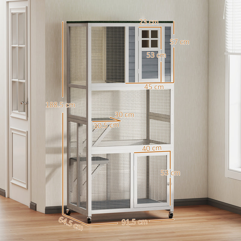 Wooden Outdoor Catio Enclosure With Platforms and Roof For Multiple Cats, White