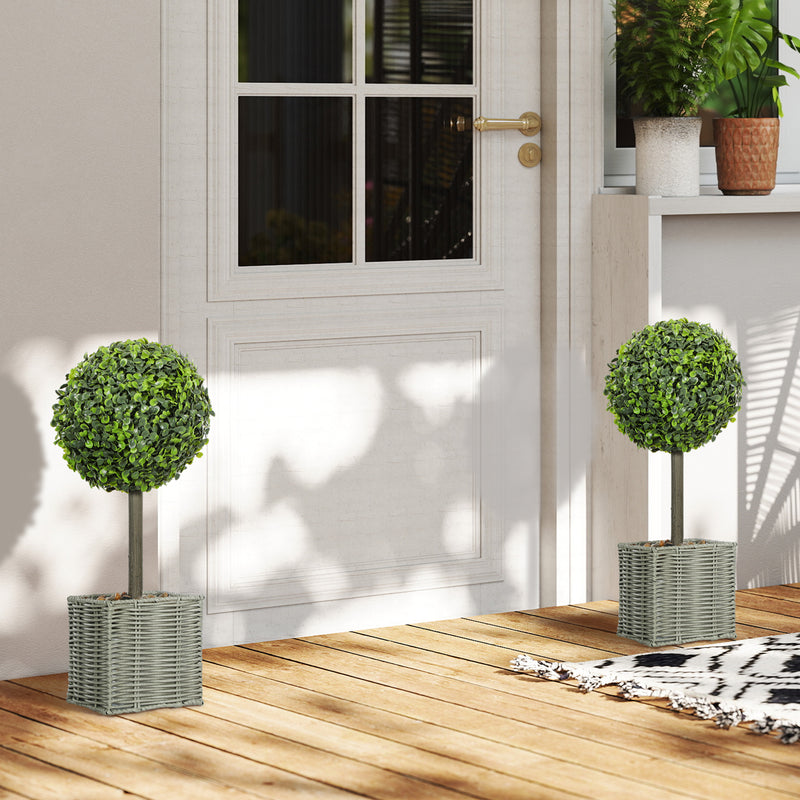 Set of 2 Artificial Boxwood Topiary Plants in Woven Pots Ideal for Home or Office Green