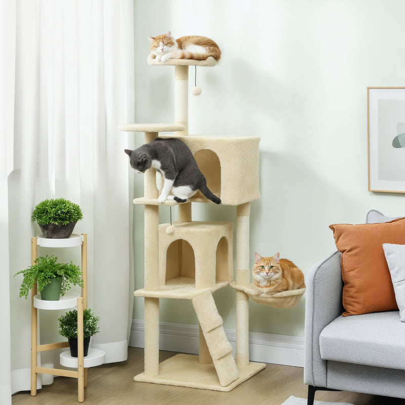 Tall Cat Tree With Sisal Scratching Posts and Hammock for Indoor Cats Beige Cream White