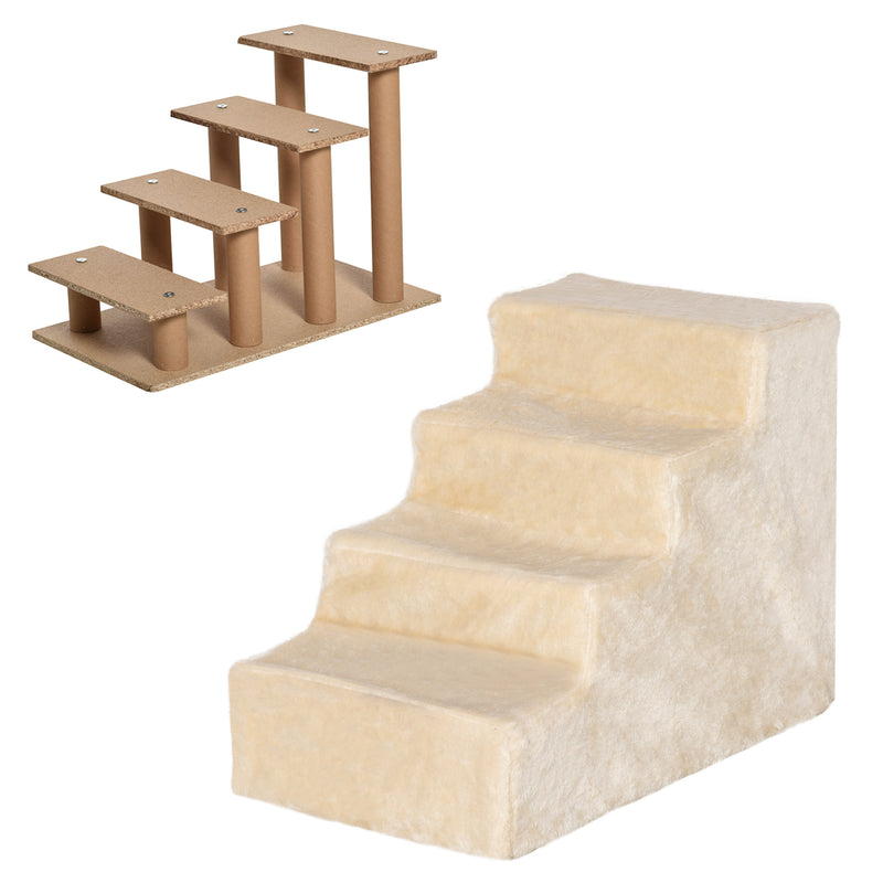 Four Step Pet Stairs With Washable Cover For Small Dogs And Cats To Reach High Beds Beige