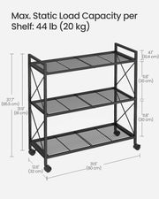 Black 3 Tier Metal Shelving Unit on Wheels with Adjustable Storage by Songmics