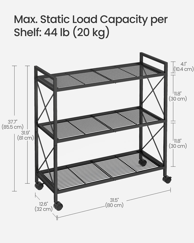 Black 3 Tier Metal Shelving Unit on Wheels with Adjustable Storage by Songmics